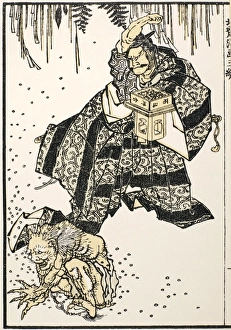 The Setsubun, or casting out of evil, ceremony at the Spring Equinox. Performed against a background of Shinto symbols by a fierce samurai and another character in the role of Evil. Woodblock print, 1816, from the Manga of Katsushika Hokusai The Setsubun, or casting out of evil, ceremony at the Spring Equinox. Performed against a background of Shinto symbols by a fierce samurai and another character in the role of Evil. Woodblock print, 1816, from the Manga of Katsushika Hokusai