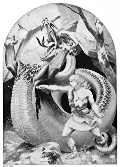 SIEGFRIED SLAYING DRAGON. Photogravure, late 19th century, after a painting by Konrad Dielitz SIEGFRIED SLAYING DRAGON. Photogravure, late 19th century, after a painting by Konrad Dielitz