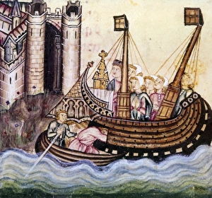 SPAIN: MEDIEVAL SHIP. Manuscript illumination, 13th century, from the Cantigas de Alfonso X