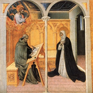ST. CATHERINE OF SIENA Dictating Her Dialogues to Raymond of Capua. Painting by Giovanni di Paolo, 15th century ST. CATHERINE OF SIENA Dictating Her Dialogues to Raymond of Capua. Painting by Giovanni di Paolo, 15th century
