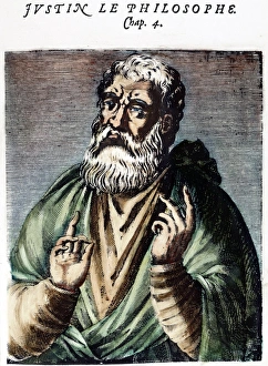 ST. JUSTIN (c100-c165). Also known as Saint Justin Martyr. Greek theologian. Color engraving, French, 1584 ST. JUSTIN (c100-c165). Also known as Saint Justin Martyr. Greek theologian. Color engraving, French, 1584