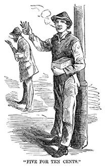 STREET PEDDLER, 1868. Five for ten cents. Engraving, 1868 STREET PEDDLER, 1868. Five for ten cents. Engraving, 1868