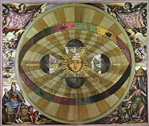 with the sun at the center. Engraving, Dutch, 17th century with the sun at the center. Engraving, Dutch, 17th century