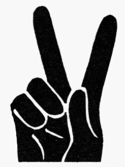 SYMBOL: VICTORY. V for Victory hand sign used by Winston Churchill. Woodcut SYMBOL: VICTORY. V for Victory hand sign used by Winston Churchill. Woodcut