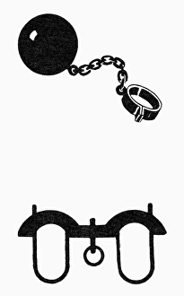 SYMBOLS: SHACKLES. Ball and chain and a yoke, both symbols of bondage. Woodcuts SYMBOLS: SHACKLES. Ball and chain and a yoke, both symbols of bondage. Woodcuts