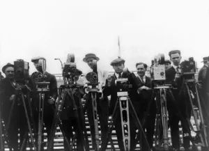 Sport Prints: Black and White Print of Newsreel Cameramen at Jack Dempsey Boxing Match