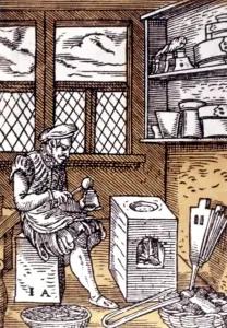 Jost Amman Art Prints: TYPEFOUNDER, 1568. The Typefounder. Colored woodcut by Jost Amman