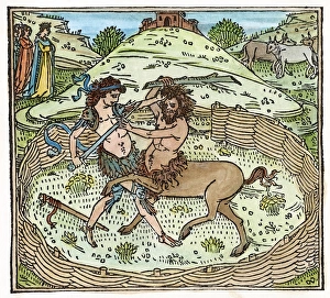 THESEUS BATTLING CENTAUR. Woodcut, 1495 THESEUS BATTLING CENTAUR. Woodcut, 1495