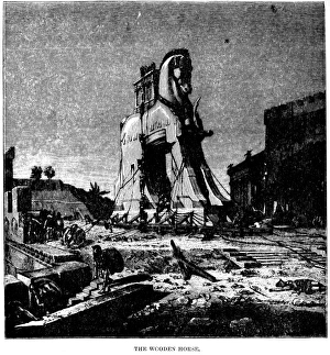 THE TROJAN HORSE. 19th century wood engraving based on a scene from Homers Iliad THE TROJAN HORSE. 19th century wood engraving based on a scene from Homers Iliad