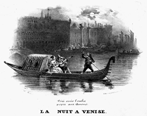 VENICE: GONDOLA. A nighttime gondola ride on the canals of Venice, Italy. Lithograph VENICE: GONDOLA. A nighttime gondola ride on the canals of Venice, Italy. Lithograph