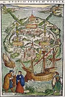 THE VIEW OF UTOPIA. Colored woodcut from Sir Thomas Mores Utopia, 1518 THE VIEW OF UTOPIA. Colored woodcut from Sir Thomas Mores Utopia, 1518