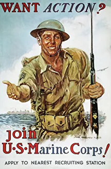 Want Action? : American World War II Marine Corps recruiting poster, 1942, by James Montgomery Flagg Want Action? : American World War II Marine Corps recruiting poster, 1942, by James Montgomery Flagg