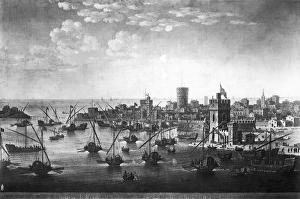 WAR OF THE CHIOGGIA, 1379. Naval battle between Venice and Genoa, as seen from Chioggia WAR OF THE CHIOGGIA, 1379. Naval battle between Venice and Genoa, as seen from Chioggia
