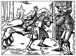 WEREWOLF, 15th CENTURY. Werewolf attacking a man. Woodcut, German, 15th century WEREWOLF, 15th CENTURY. Werewolf attacking a man. Woodcut, German, 15th century