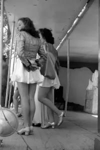 Prints of VERMONT STATE FAIR, 1941. Performers at a girlie show at the Vermont State Fair in Rutland, Vermont. Photograph by Jack Delano, 1941 Rutland Prints: Vermont State Fair Girlie Show Print, 1941