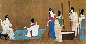 Women drawing out silk threads (left) and beating silk fibers in a trough with flails Women drawing out silk threads (left) and beating silk fibers in a trough with flails