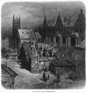 Prints of DORE: LONDON: 1872. The Devils Acre, Westminster. Wood engraving after Gustave Dore from London: A Pilgrimage, 1872 Slums Prints: Print of The Devils Acre, Westminster by Gustave Dore (1872)