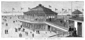 Prints of ENGLAND: SOUTHSEA, 1882. A new pavilion on Southsea Pier in Portsmouth, England. English engraving, 1882 Portsmouth Prints: Print of Southsea Pier Pavilion, England, 1882