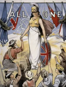 Print of British poster, 1900, featuring Britannia welcoming Transvaal
