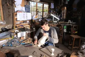 Prints of William Hart Gold and Silversmith working in his Arts and Craft Working shop in Chipping Campden, hes the four generation of his family to work in the building Craft Prints: William Hart Gold Silversmith at Work in Chipping Campden Print