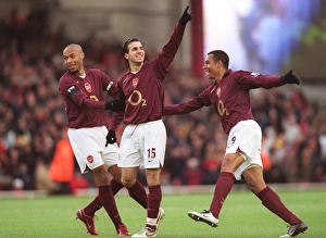 Cesc Fabregas celebrates scoring Arsenals 1st goal with Thierry Henry and Gilberto Cesc Fabregas celebrates scoring Arsenals 1st goal with Thierry Henry and Gilberto