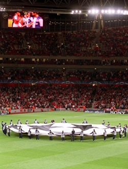 The Champions League Banner is held up before the match The Champions League Banner is held up before the match