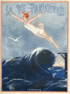 Prints of La vie Parisienne 1923 1920s France Vald es magazines illustrations womens swimming costumes swim suits bathing costumes swimwear swimsuits diving waves sea France Prints: 1920s French Women in Swimwear Print
