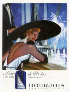 Prints of Bourjois 1951 1950s France womens up hats Paris Eiffel Tower Soir de Paris Tower Prints: Bourjois 1950s France Women's Up Hats Print