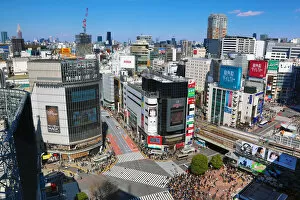 Aerial view of the Shibuya pedestrian crossing in Shibuya, Tokyo, Japan