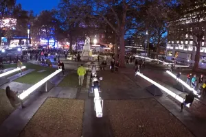 Impulse, a sea of singing seesaws installation, Leicester Square, London Impulse, a sea of singing seesaws installation, Leicester Square, London