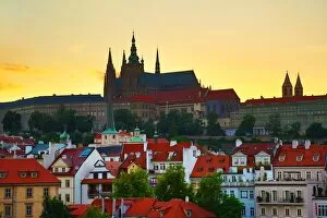 Silhouette of Prague Castle and St Vitus Cathedral at sunset in Prague, Czech Republic