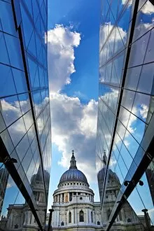 St Pauls Cathedral and reflection of clouds in glass of One New Change, London, England