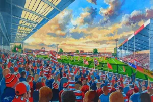 Stadium Art Prints: Kingsholm Stadium Print - A detailed depiction of the Gloucester Rugby Union Club's home stadium
