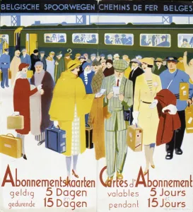 People on a platform with colourful clothing, boarding a train