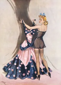 A glamorous woman in black lingerie stores a pink evening gown