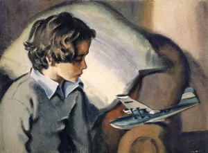 A young boy contemplates a toy aeroplane