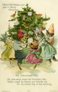 Five cats in party hats dance around a decorated Christmas tree