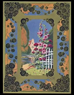 Chocolate box design, garden scene with hollyhocks