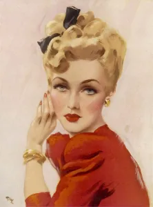 A blonde woman with piled hair gazes seductively at the viewer