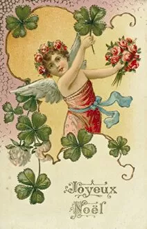 French Christmas card with angel and roses