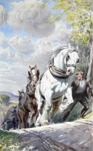 Heavy horses pull a timber wagon up a steep hill