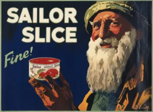 A weathered fisherman holds up a tin of canned salmon