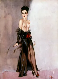 A semi-naked woman leans against a chair