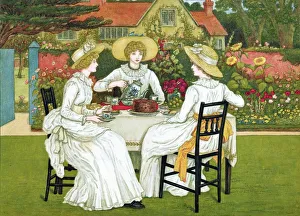 Afternoon Tea. Three young ladies in white dresses and straw bonnets take tea Afternoon Tea. Three young ladies in white dresses and straw bonnets take tea