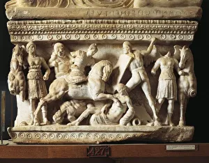 Alabaster funerary urn with relief of the fight between the Gauls and the Romans Alabaster funerary urn with relief of the fight between the Gauls and the Romans