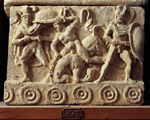 Alabaster urn with relief depicting Achilles ambushing and killing Troilus, son of Priam, Etruscan civilization Alabaster urn with relief depicting Achilles ambushing and killing Troilus, son of Priam, Etruscan civilization