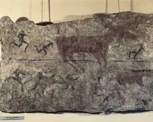 Prints of Prehistory, Turkey, Neolithic. Cave painting depicting a hunting scene. From Catal Huyuk or Catalhoyuk sanctuary, 7th millennium b.C Catal Huyuk Prints: Catalhoyuk Hunting Scene Print