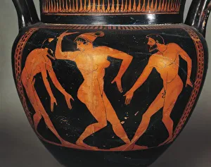 Attic hydria, Detail of woman dancing with two men Attic hydria, Detail of woman dancing with two men