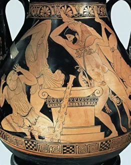 Attic pelike depicting Heracles killing king Busiris and Egyptian priests, by Pan Painter, red-figure pottery Attic pelike depicting Heracles killing king Busiris and Egyptian priests, by Pan Painter, red-figure pottery