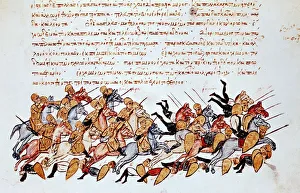 Byzantine cavalrymen overwhelming enemy cavalry and footsoldiers. Illustrated manuscript Byzantine cavalrymen overwhelming enemy cavalry and footsoldiers. Illustrated manuscript